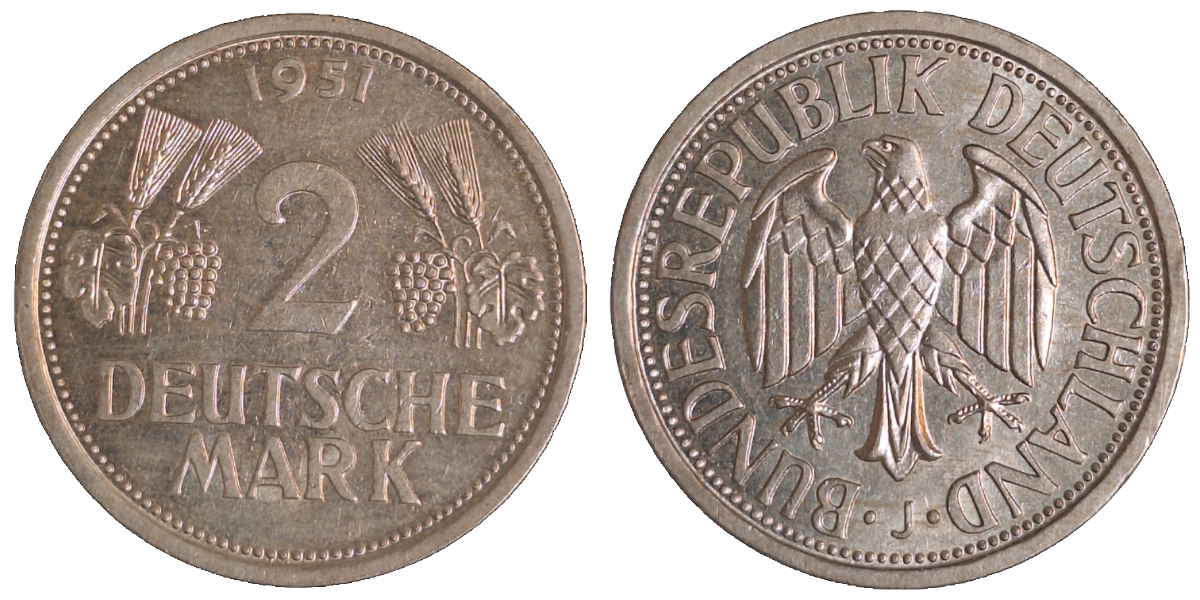 2 Deutsche Mark 1951 J Ähren J386 vz/stgl
