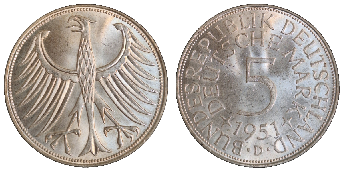5 Deutsche Mark 1951 D f stgl J387 DM