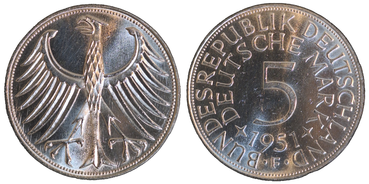 5 Deutsche Mark 1951 F bfr/stgl J 387 5 DM