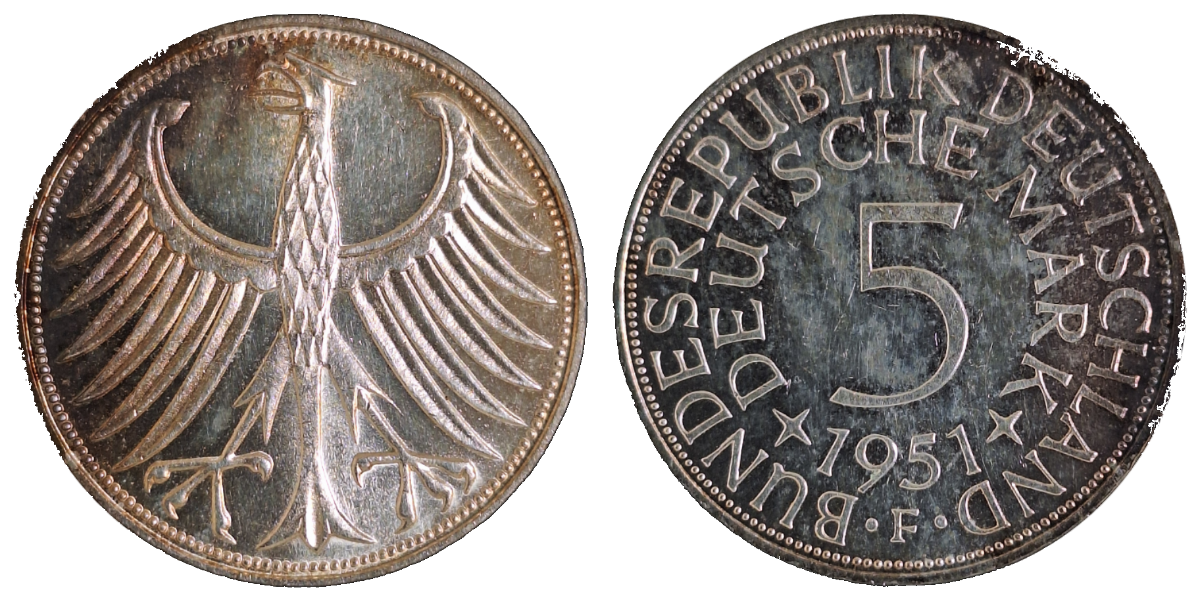 5 Deutsche Mark 1951 F vz/st J387 Patina 5 DM