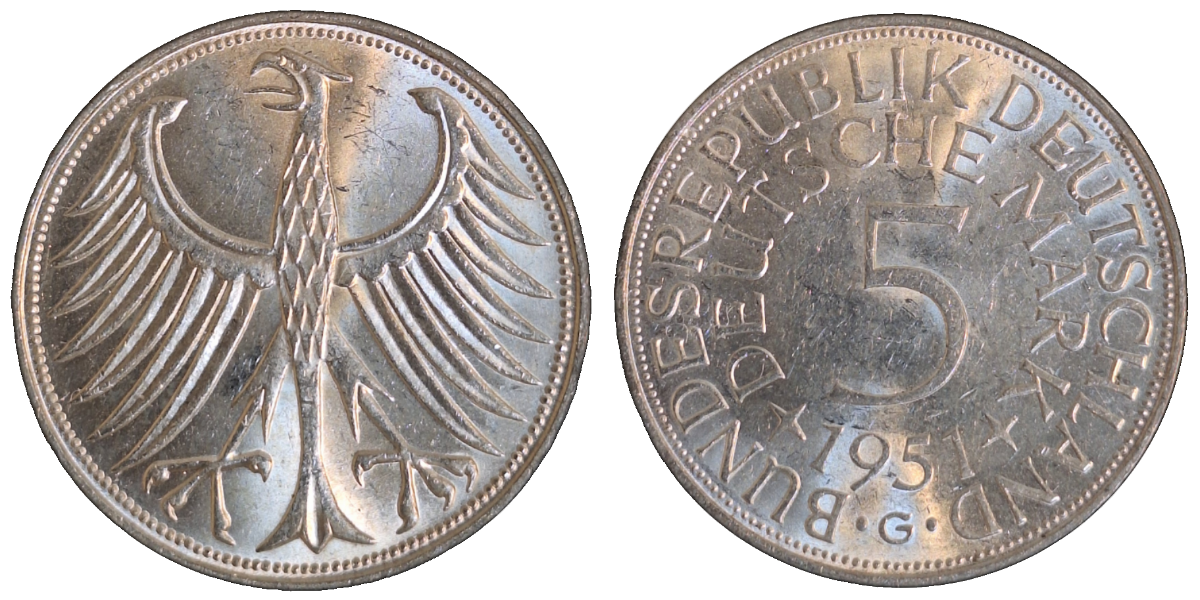 5 Deutsche Mark 1951 G vz/st J387 5 DM