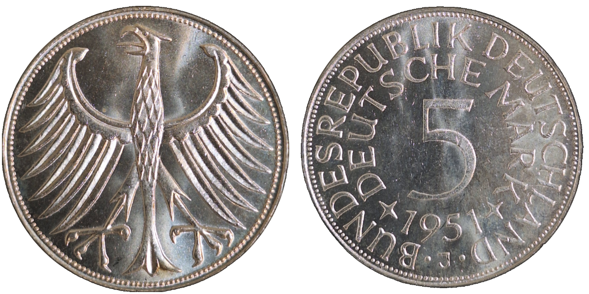 5 Deutsche Mark 1951 J bankfrisch/stempelglanz J387 5 DM