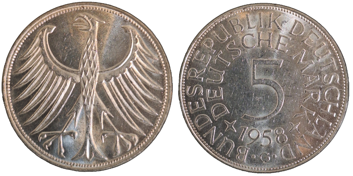 5 Deutsche Mark 1958 G vz/st J387 5 DM