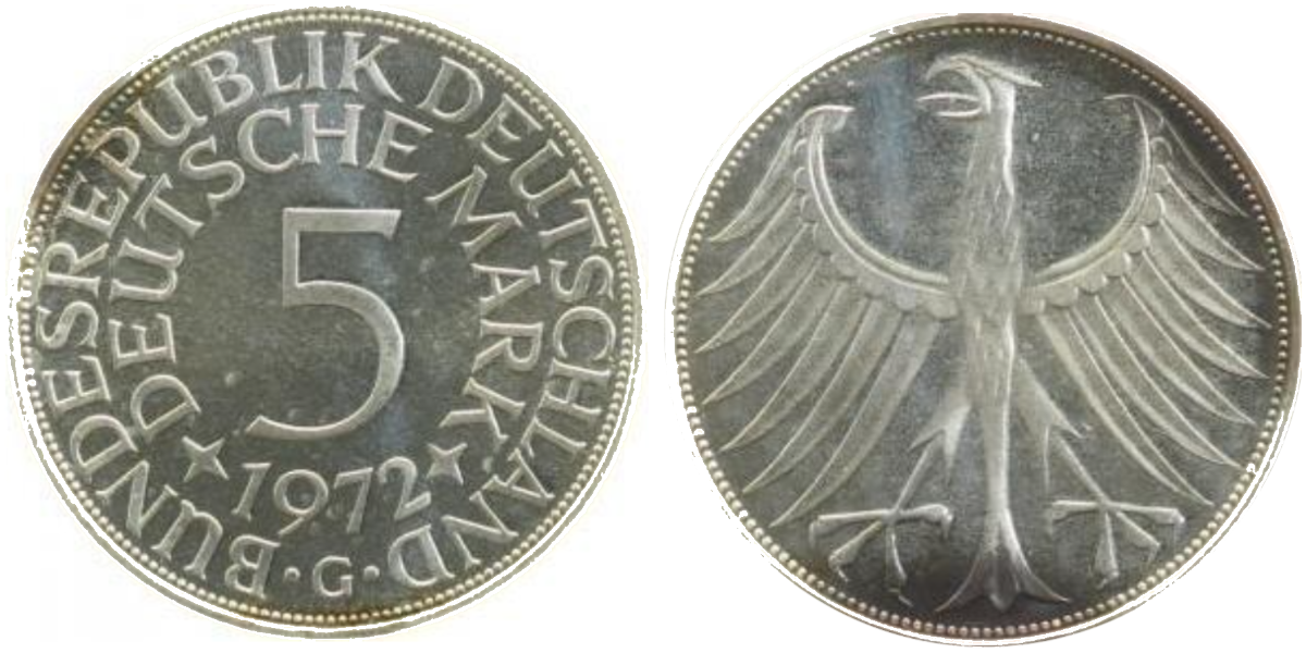 5 Deutsche Mark 1972 G PP J387 5 DM