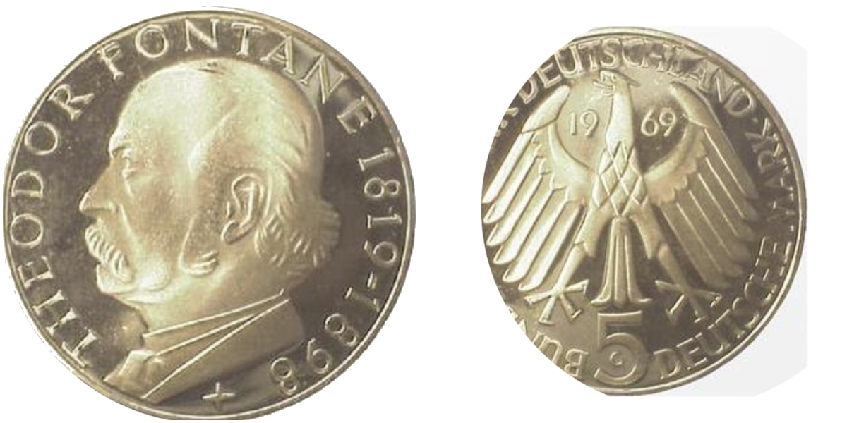 5 Deutsche Mark Theodor Fontane 1969 G PP Proof J 399 5 DM