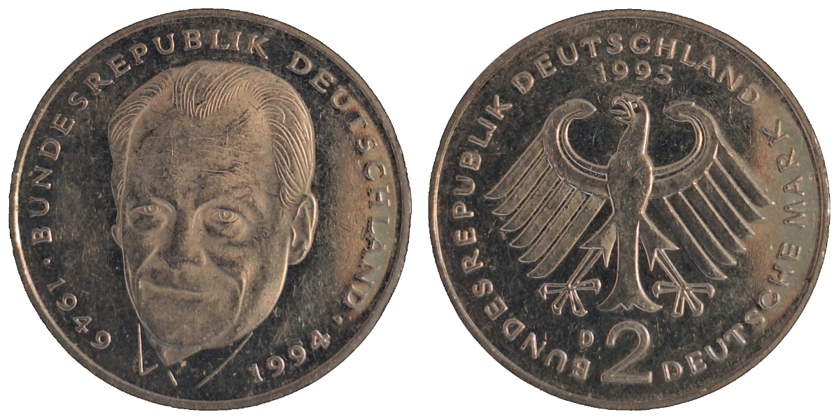 2 Deutsche Mark 1995 D Willy Brandt VZ seltener 2 DM
