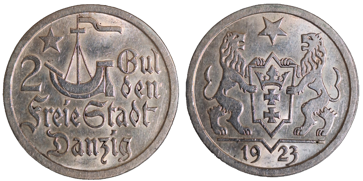 2 Gulden 1923 Freie Stadt Danzig fast vz Wolne Miasto Gdansk