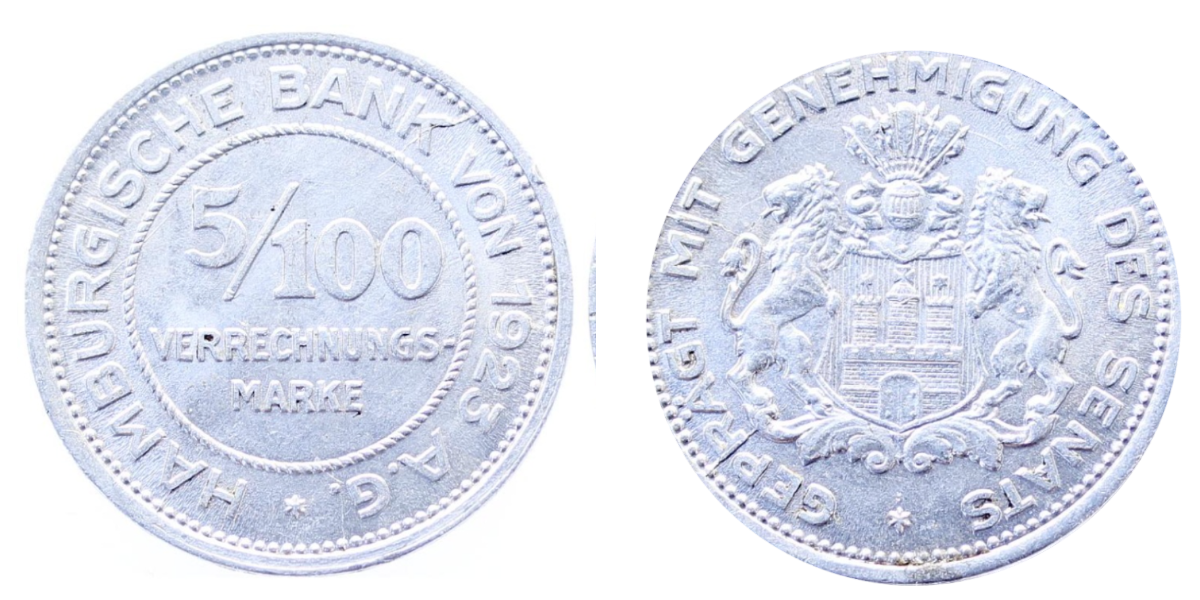 5/100 Hamburg Verrechnungsmarke 1923 JN36 vz/stgl Notgeld