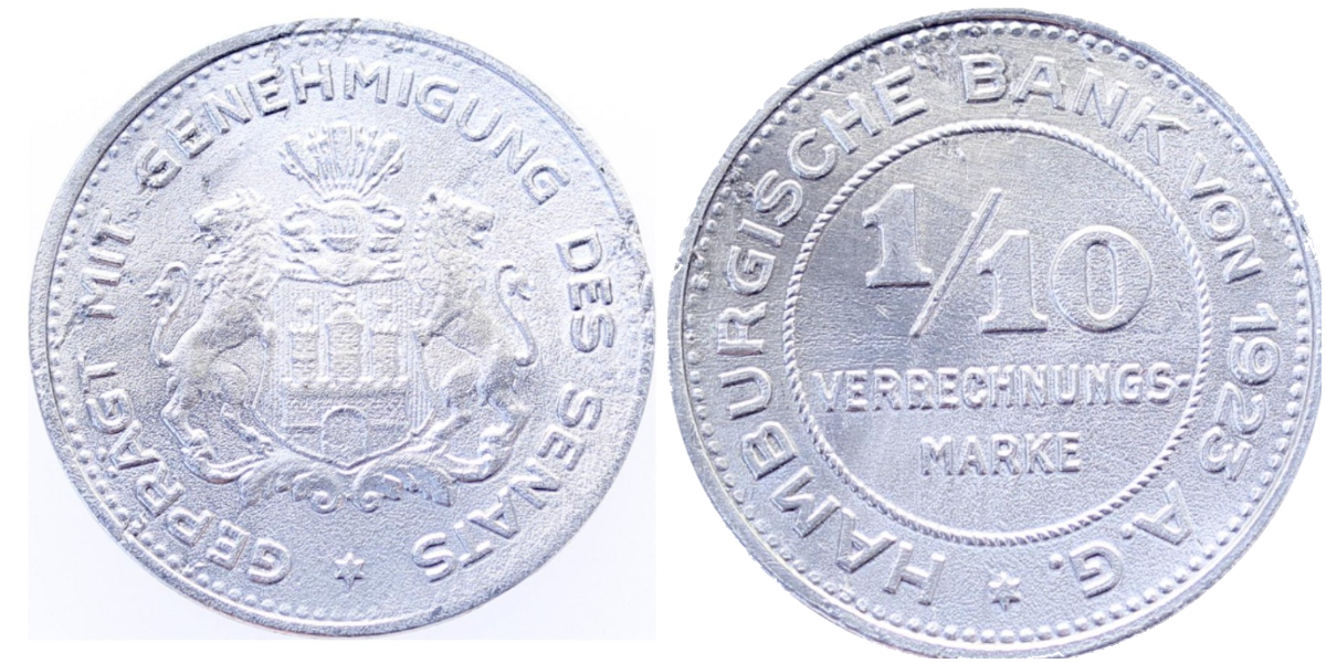 1/10 Verrechnungsmarke Hamburg 1923 JN37 ss/vz gereinigt