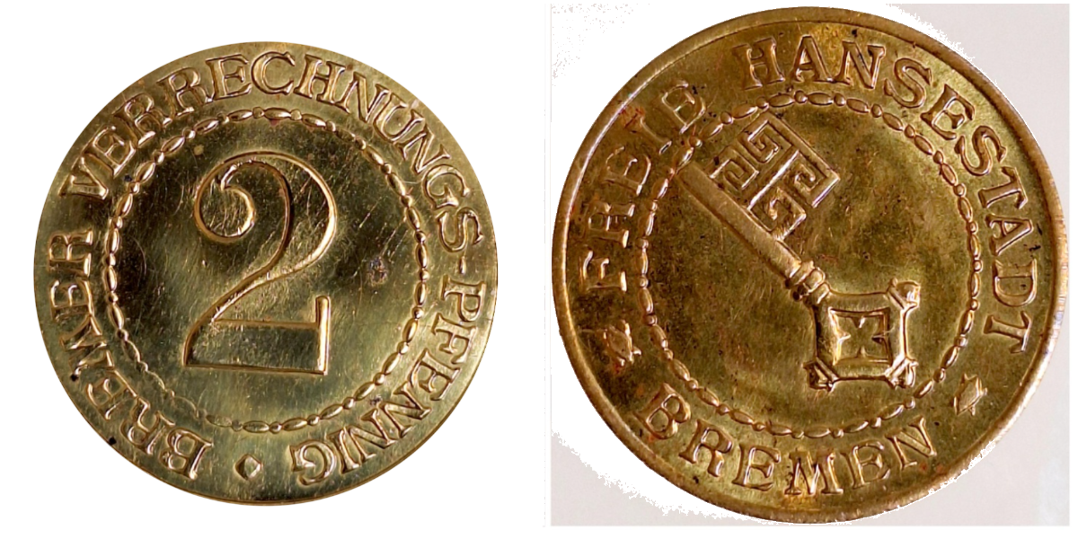2 Verrechnungspfennig Bremer vz/stgl minimal berieben