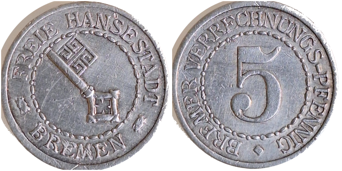 5 Bremer Verrechnungspfennig Notgeld ss Bremen JN 41