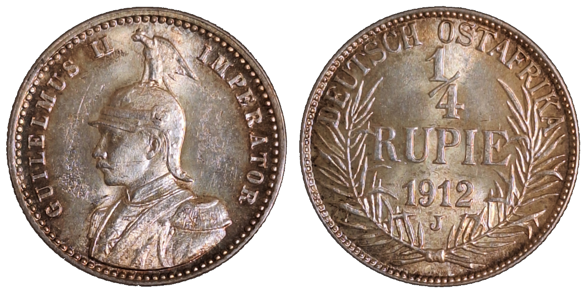 1/4 Rupie 1912 J prfr/Stgl, Die Flächen links und rechts des Kopfes sind prägebedingt. sehr selten i.d. Erhaltung