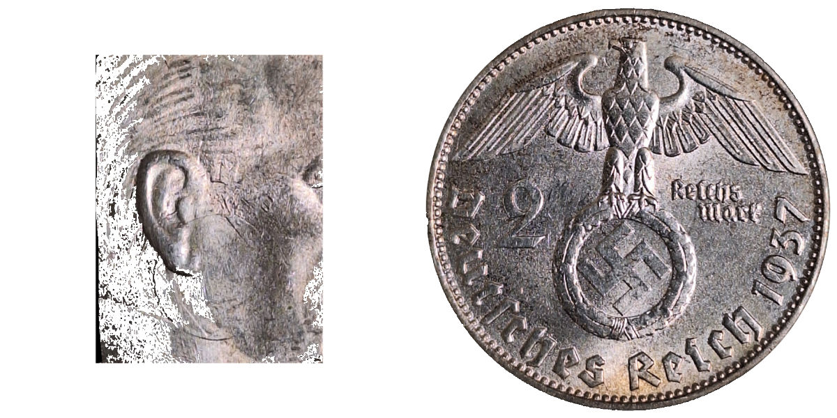 2 Reichsmark 1937 D, Lichtenrader Prägung am Ohr, Mzz. Doppelt, sehr selten