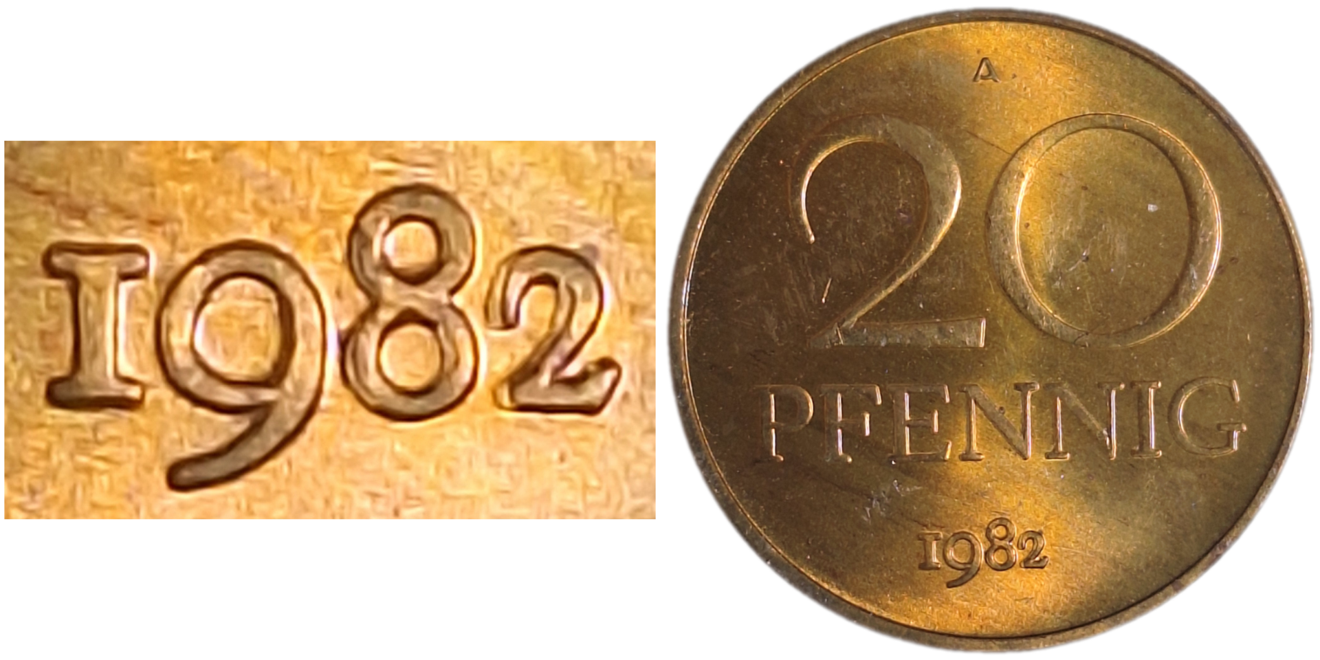 20 Pfennig 1982 A DDR, Zu dick, zu schwer 5,7 g, stgl. matt, Jsz.tlw.doppelt