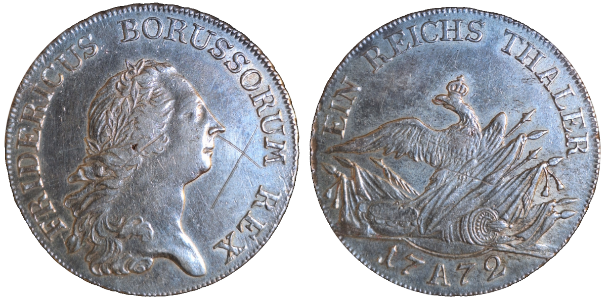 1 Reichstaler 1772 Preussen Friedrich, gutes SS mit 2 Kratzer, seltener Jsz.