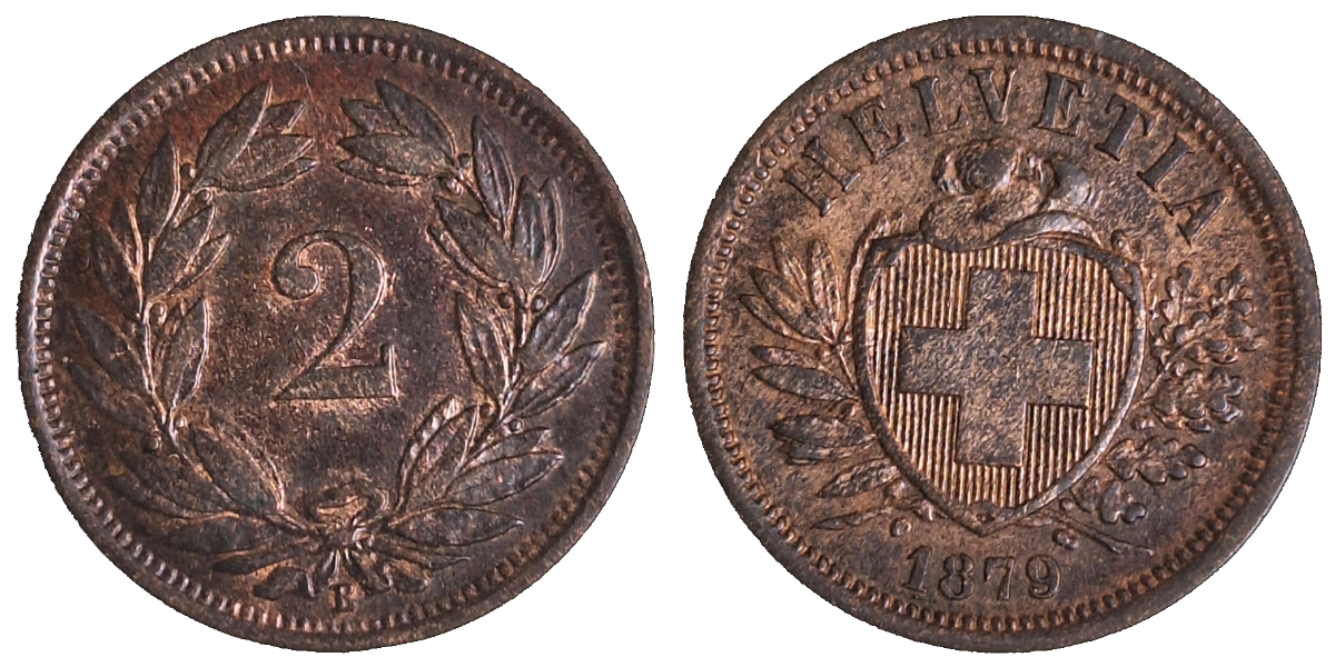 2 Rappen Schweiz 1879 B, VZ mit Patina