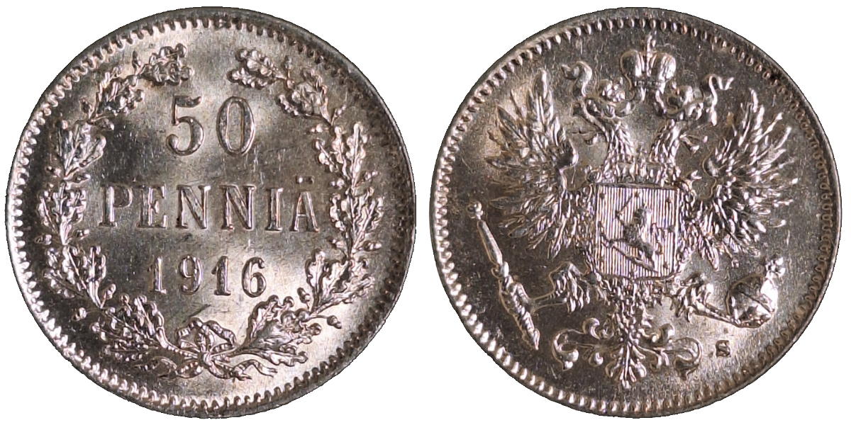50 Pennia, besetztes Finnland 1916 , prfr/stgl KM# 2.2 50 Penny