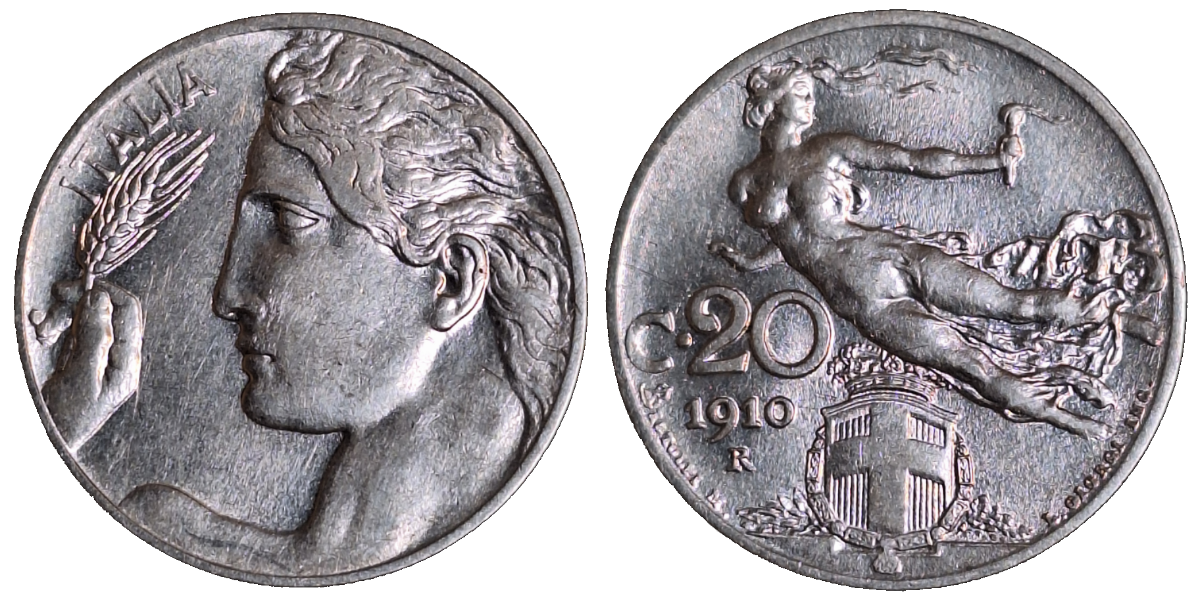 20 Centesimi Vittorio Imanuele 1910, fast prägefrisch