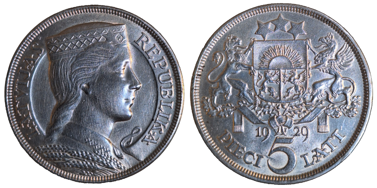 5 Latu 1929 Lettland, Silber, VZ+ min. berieben, selten i.d. Erhaltung