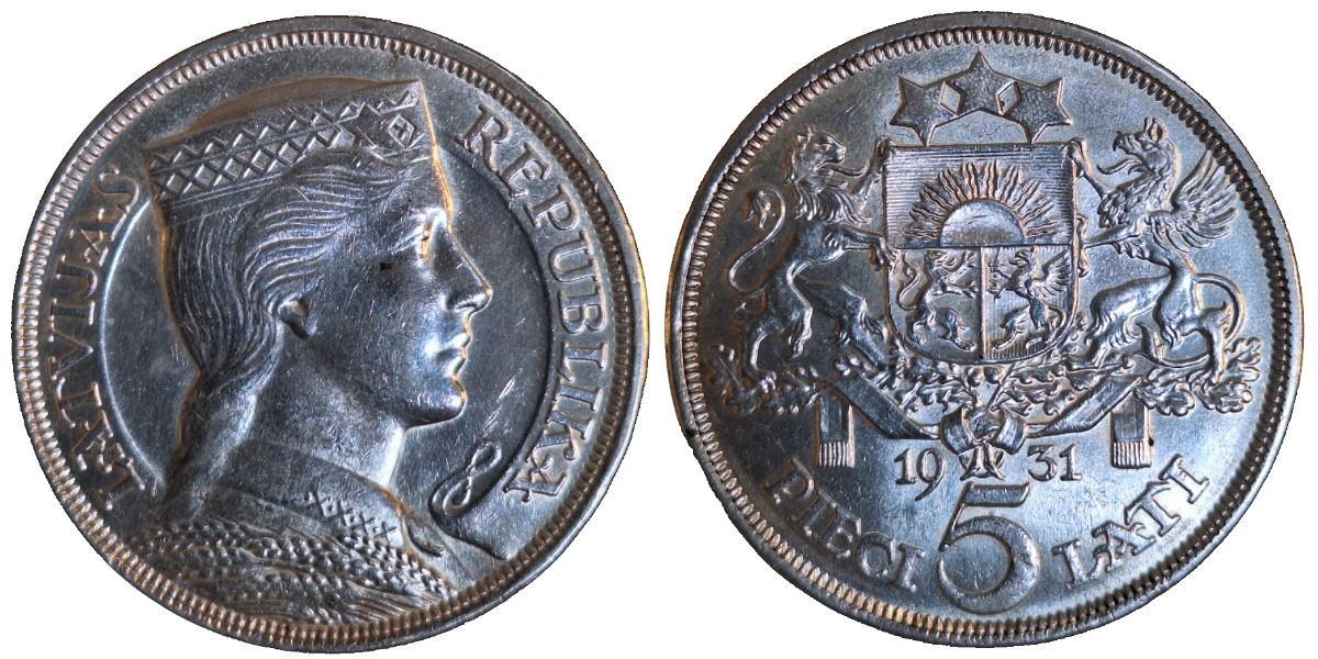 5 Lati 1931 Lettland Silber VZ/Stgl KM# 9 selten i.d. Erhaltung