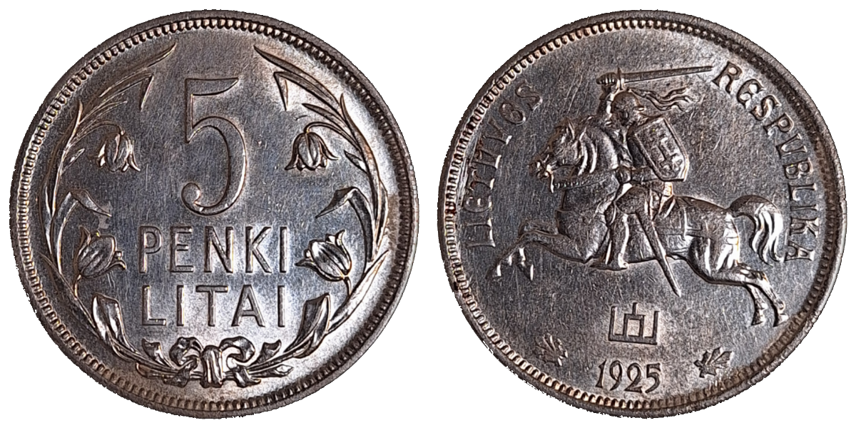 5 Penki Litai Litauen Erste Republik, 1925, fast VZ, Silber Schön 8