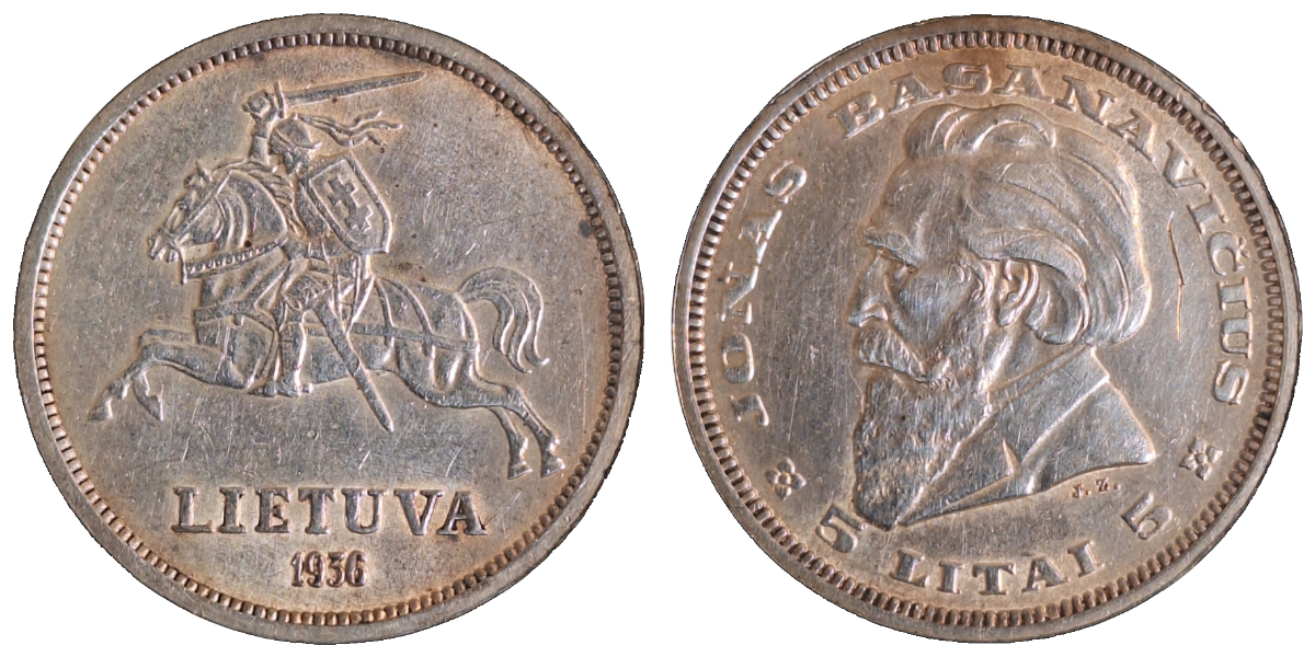 5 Litai 1936 Litauen gutes ss/vz leichte Krätzerchen, Silber KM# 82