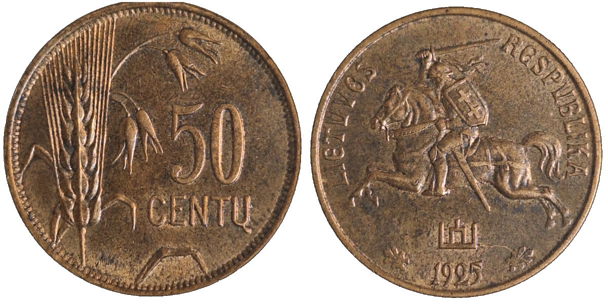 50 Centu Litauen 1925, VZ , Bronze KM# 75 Erste Republik