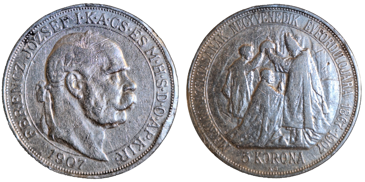 5 Korona 1907 40 Jahre Krönung von Franz Joseph I. bestoßen und Randfehlern, sonst fast SS