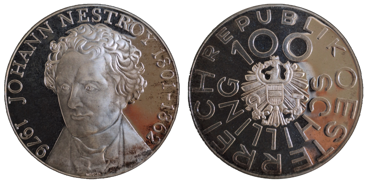 100 Schilling Österreich 1976, Johann Nestroy Polierte Platte