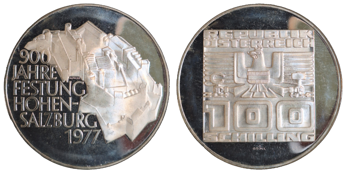 100 Schilling 1977 900-Jahr-Feier der Festung Hohensalzburg Polierte Platte ÖS KM# 2935