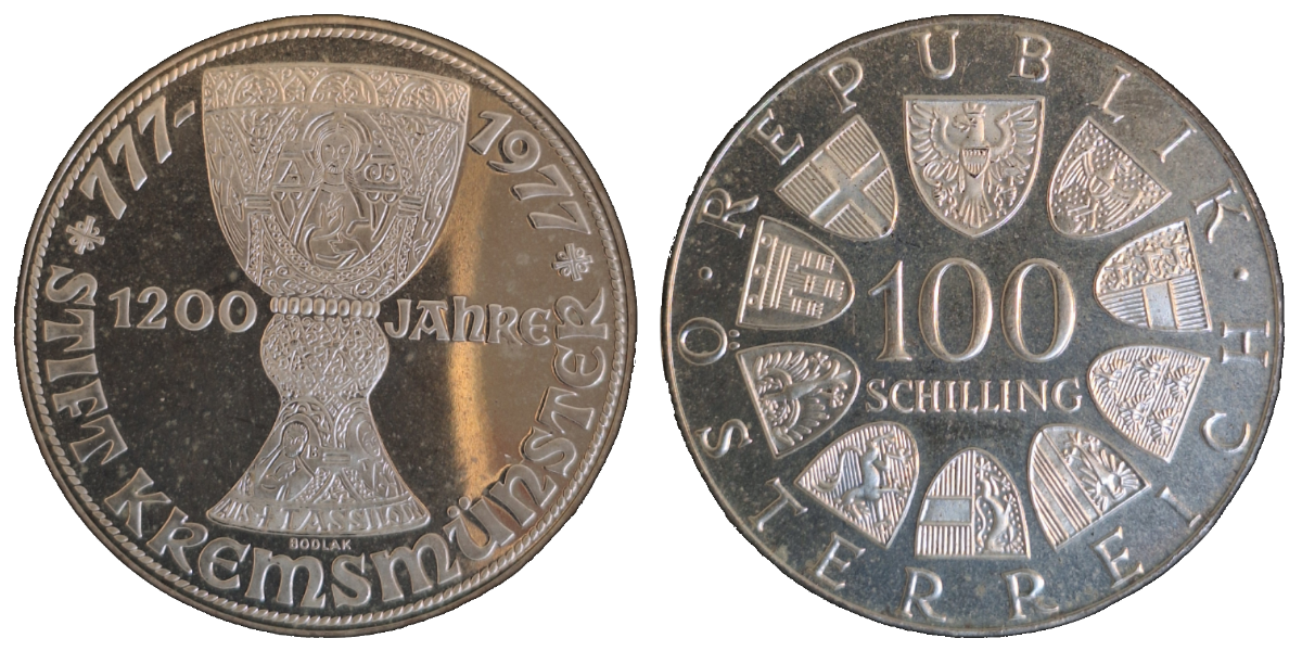 100 Schilling 1977 1200-Jahr-Feier des Stiftes Kremsmünster Österreich, Polierte Platte