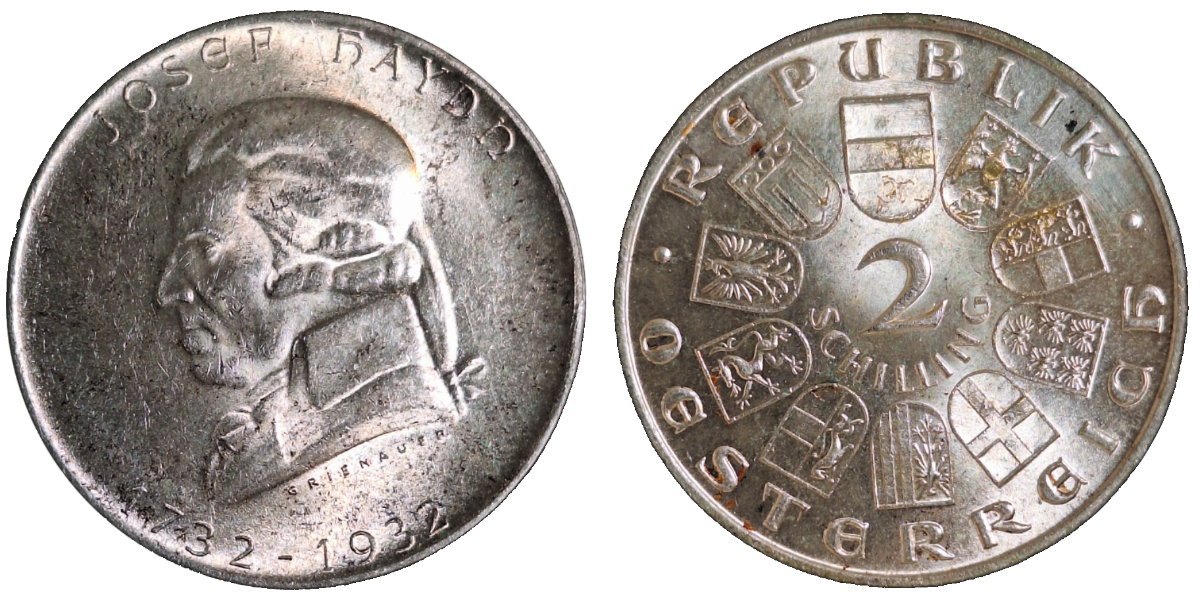 2 Schilling 1932 Josef Haydn Österreich KM# 2848 VZ