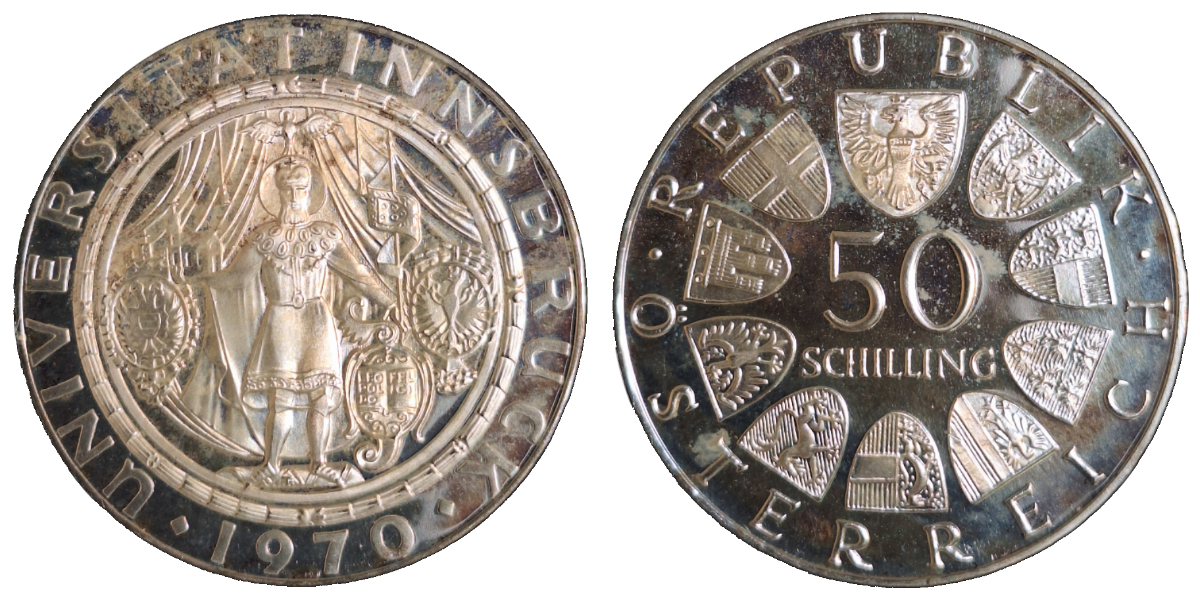 50 österreichische Schilling 1970 Uni Insbrück Polierte Platte KM# 2908,