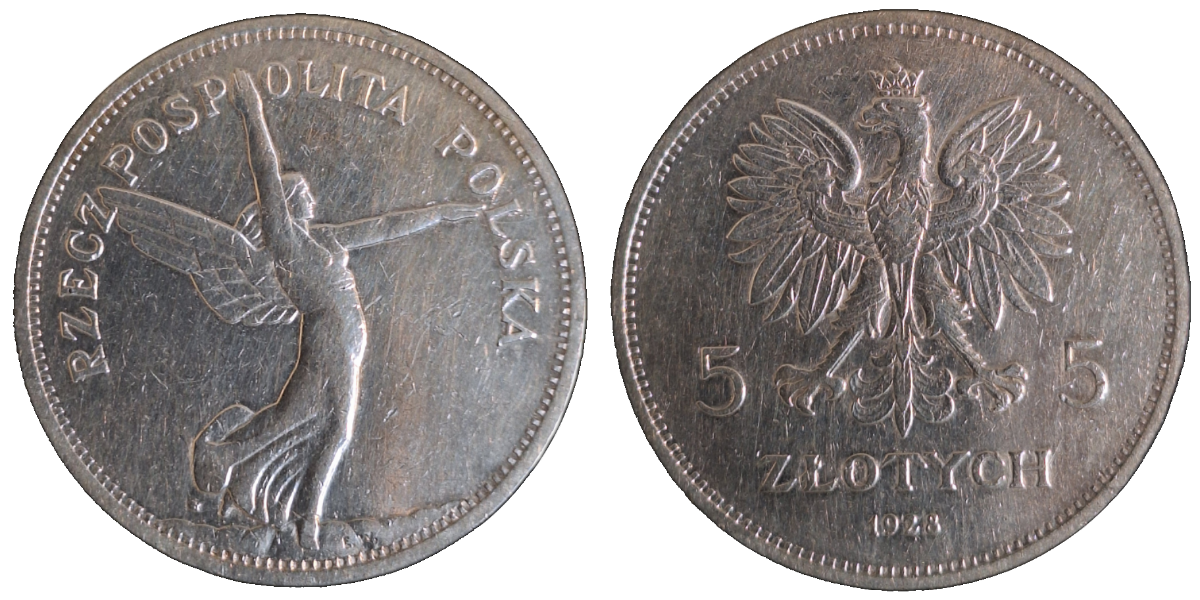 5 Zlotych 1928 Nike Polen, gereinigt, gutes sehr schön Y# 18