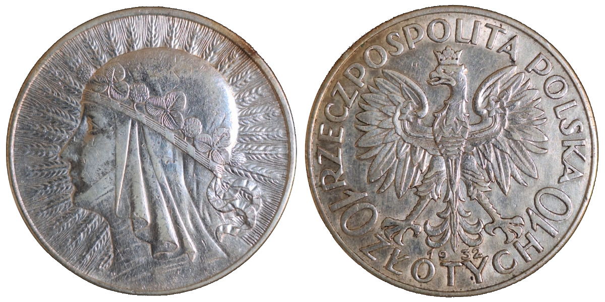 10 Zlotych 1932 Polonia Frauenkopf fast Vorzüglich