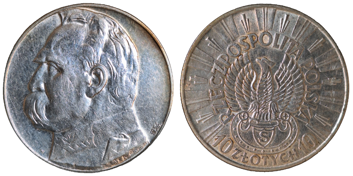 10 Zlotych 1934 Józef Piłsudski orzel bez korony, Polen, ss/vz+ Y# 26