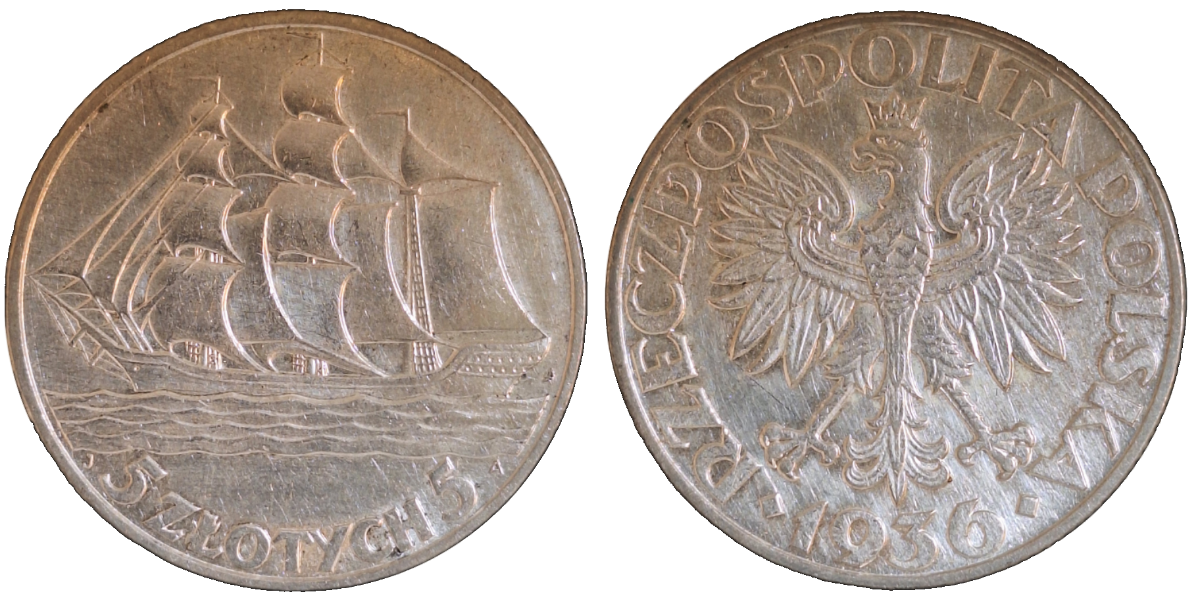 5 Zlotych 1936" Segelschiff" 15 Jahre Hafen in Gdynia VZ, gereinigt
