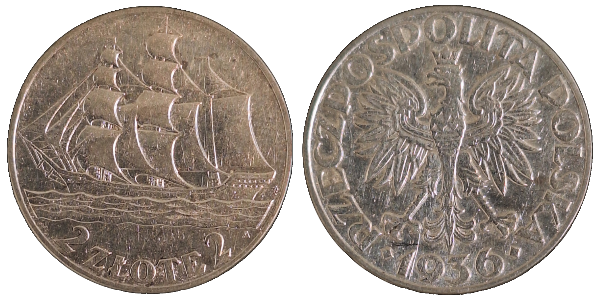 2 Zlote 1936, Segelschiff, 15 Jahre Hafen in Gdynia ss/vz Y# 30