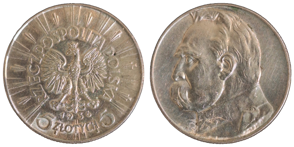 5 Zlotych 1936 Józef Piłsudski (Adler mit Krone) Polen, VZ+