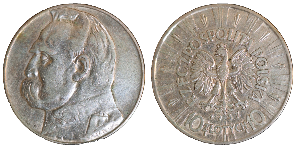 10 Zlotych 1937 Polen Józef Piłsudski Adler mit Krone, SS