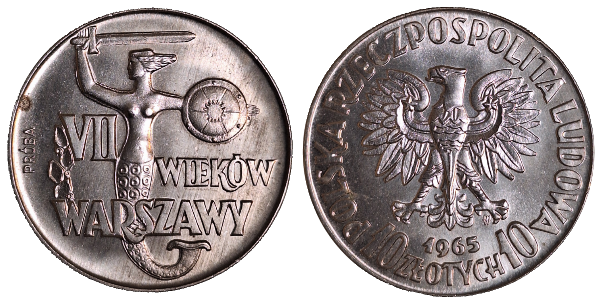 10 Zlotych 1965 700 Jahre Warschau Probe Syrenka kleine Korrosionsfleck