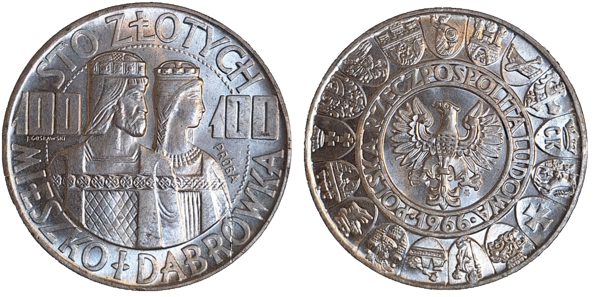 100 Zlotych 1966 Probe 1000 Jahre Polen Mieszko i Dabrowka prägefrisch