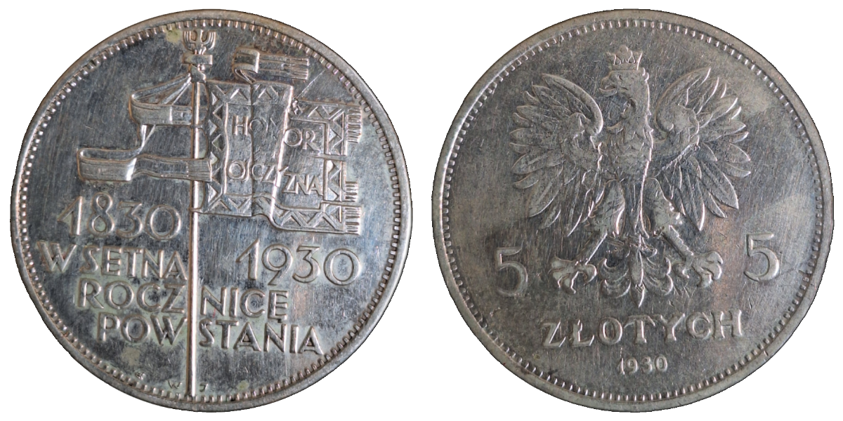 5 Zlotych Polen, 1930 100 Jahre Aufstand, Gedenkmünze SS+