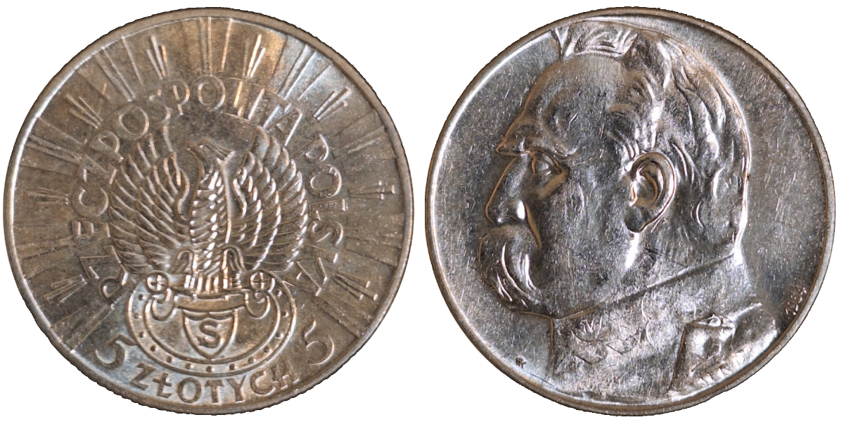 5 Zlotych Polen 1934 Józef Piłsudski Adler ohne Krone vz/stg TOP Y# 25