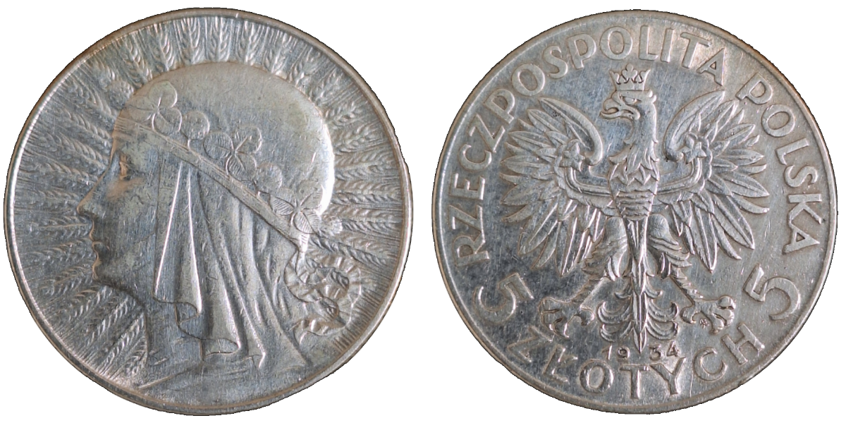 5 Zlotych 1934 Polonia Frauenkopf Polen, ss/vz Y# 21