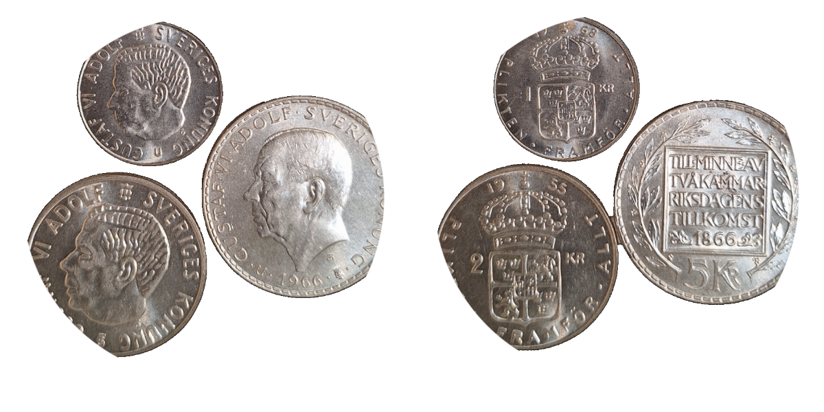 Lot 1,2 und 5 Kronen Verfassungsänderung Schweden 1966 und 1968 prfr/stgl