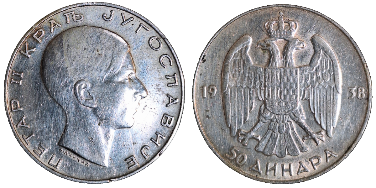 50 Dinar 1938 Königreich Jugoslawien, SS+ gereinigt, min. Rf. KM# 24