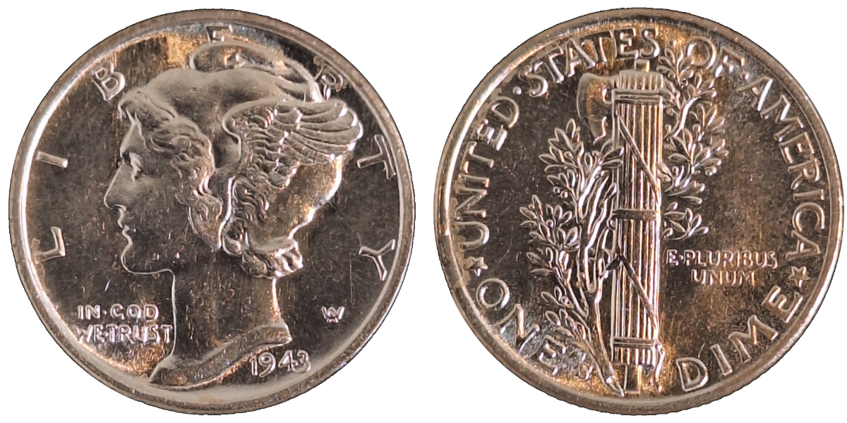 10 Cent USA 1943S , San Francisco, prfr/stgl, 1 Dime "Mercury Dime" selten i.d. Erhaltung