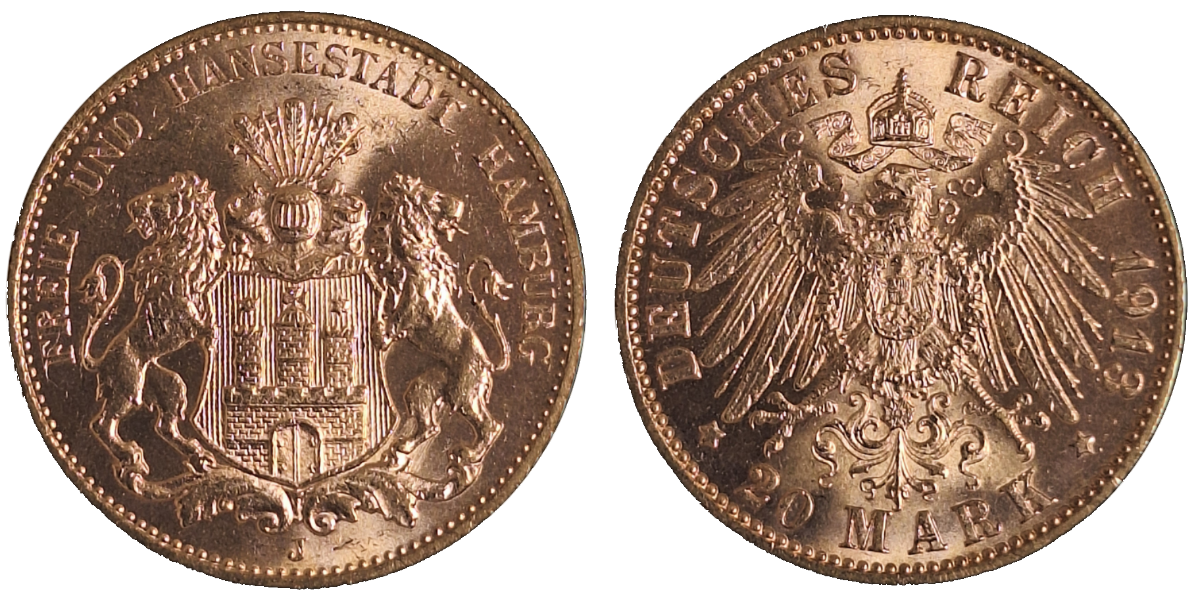 20 Mark Hansestadt Hamburg 1913 vz/st !!!
