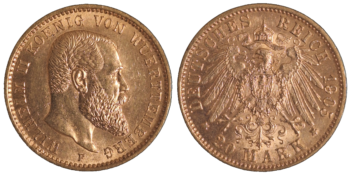 20 Mark 1905 F Württ. Wilhelm, vorzüglich/stgl